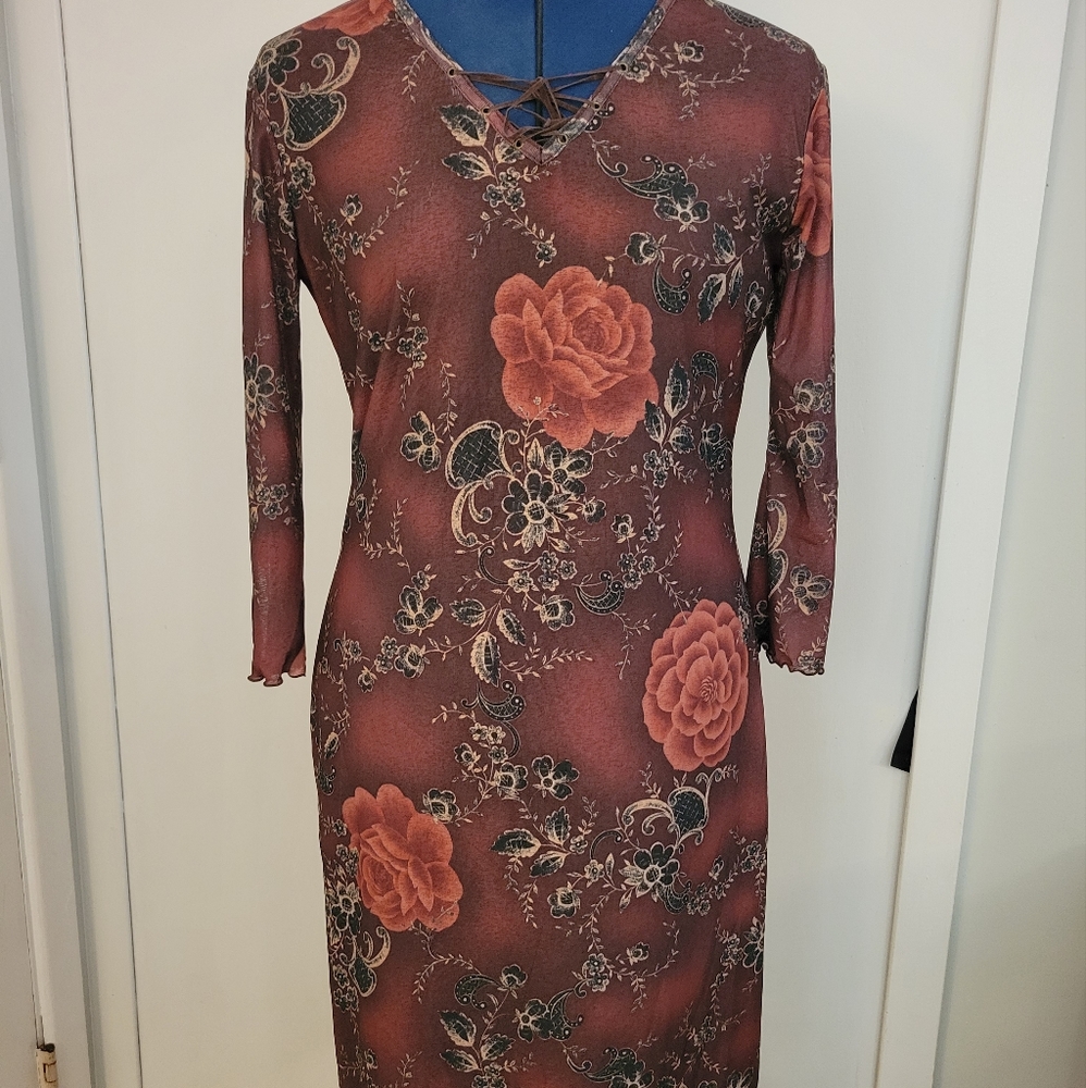 Expressions Burgundy Floral Dress, Size Small